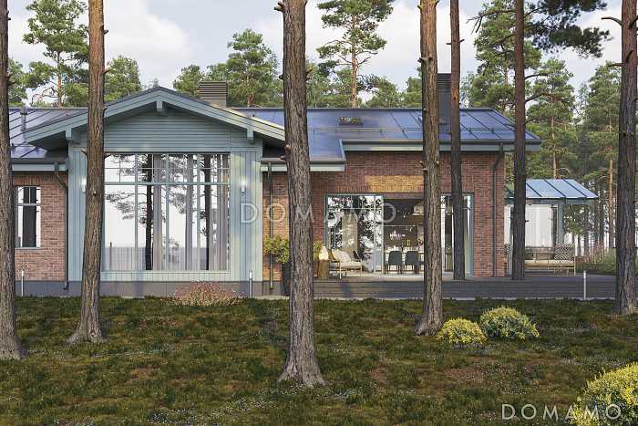 Проект дома с 3 спальнями, спа-зоной, теплой верандой с барбекю и панорамными окнами