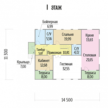 Проект дома из клееного бруса с кабинетом на первом этаже / План 1 этажа