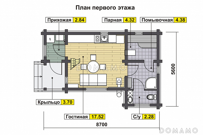 Проект узкого дома с косой крышей, кухней-гостиной, парной, спальней, балконом и вторым светом / План 1 этажа
