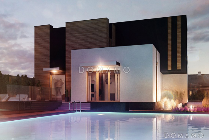 Проект двухэтажного дома с гаражом на две машины и кладовой, просторной дневной зоной, спальней на первом этаже