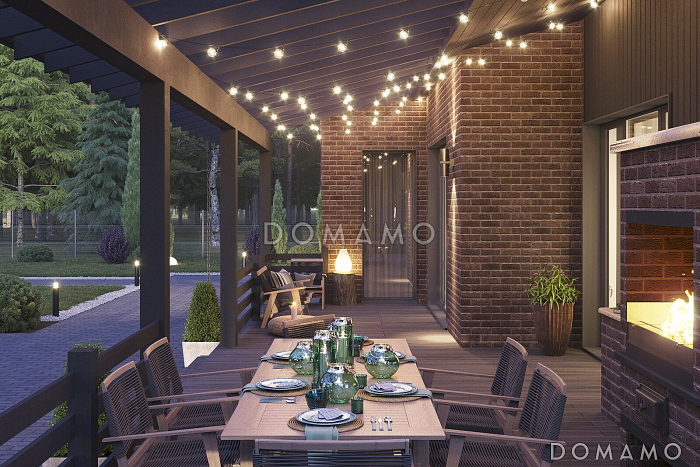 Проект каркасного дома в скандинавском стиле с сауной и террасой барбекю