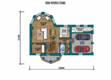 Проект двухэтажного дома с большой гостиной и гаражом на два автомобиля / План 1 этажа