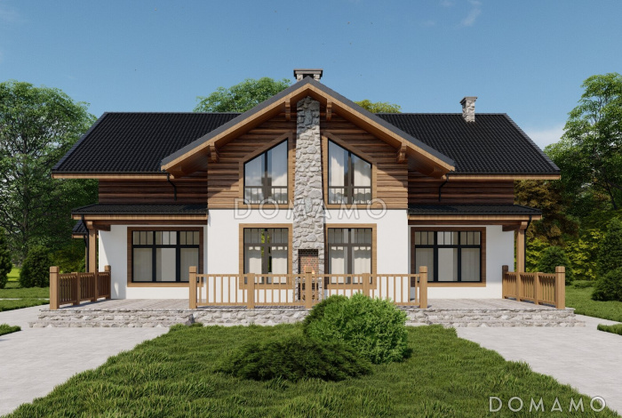 Проект двухэтажного кирпичного дома с просторной террасой, сауной и пятью спальнями