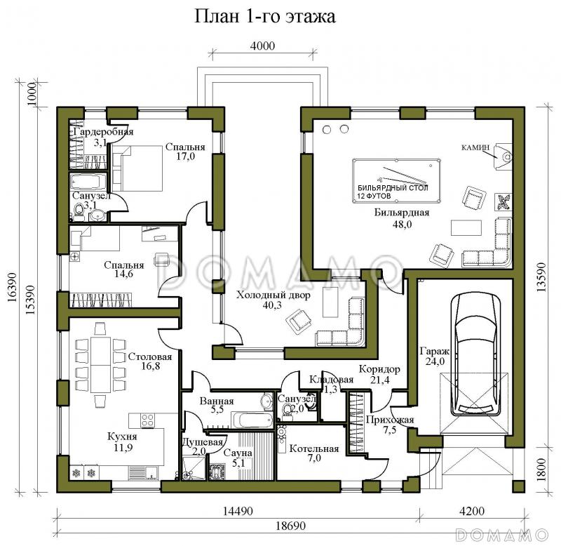 Проект одноэтажного каркасного дома в стиле хай-тек с внутренним двором, бильярдной, сауной и гаражом / План 1 этажа