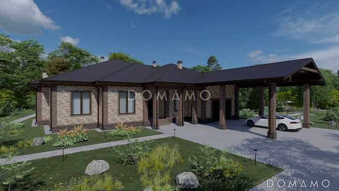 Проект кирпичного дома с навесом, гаражом и тренажерным залом