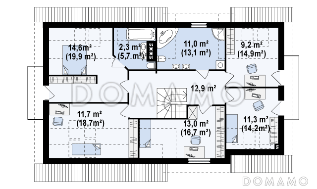 Проект одноэтажного дома из кирпича с четырьмя спальнями и кабинетом на мансардном этаже и встроенным гаражом / План мансардного этажа