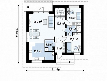 Проект загородного дома с балконом, кабинетом и спальней на первом этаже, тремя спальными комнатами на втором / План 1 этажа