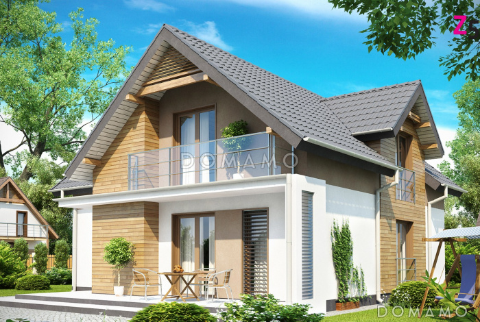 Проект мансардного дома из газобетона с тремя спальнями и кабинетом, балконом и гаражом 