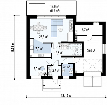 Проект классического одноэтажного мансардного дома из кирпича с четырьмя спальнями и гаражом / План 1 этажа