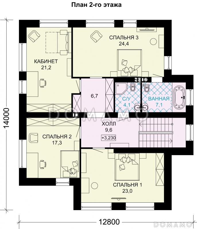 Проект двухэтажного дома из газобетона с просторной гардеробной / План 2 этажа