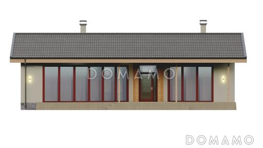 Проект одноэтажной бани с панорамным остеклением, крытой террасой, спальней / Фасад 2