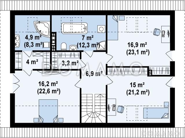 Проект классического одноэтажного мансардного дома из кирпича с кабинетом и гаражом / План мансардного этажа