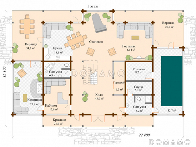 Проект дома с 5 комнатами на мансардном этаже / План 1 этажа