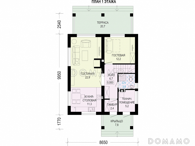 Проект двухэтажного дома с террасой и 4 спальнями / План 1 этажа