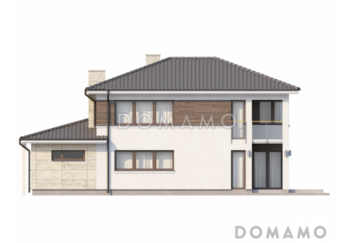 Проект современного двухэтажного дома из кирпича с четырьмя комнатами, гаражом, террасой и балконом / Фасад 3