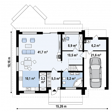 Проект одноэтажного коттеджа из газобетона с мансардным этажом, большой светлой гостиной и пристроенным гаражом / План 1 этажа