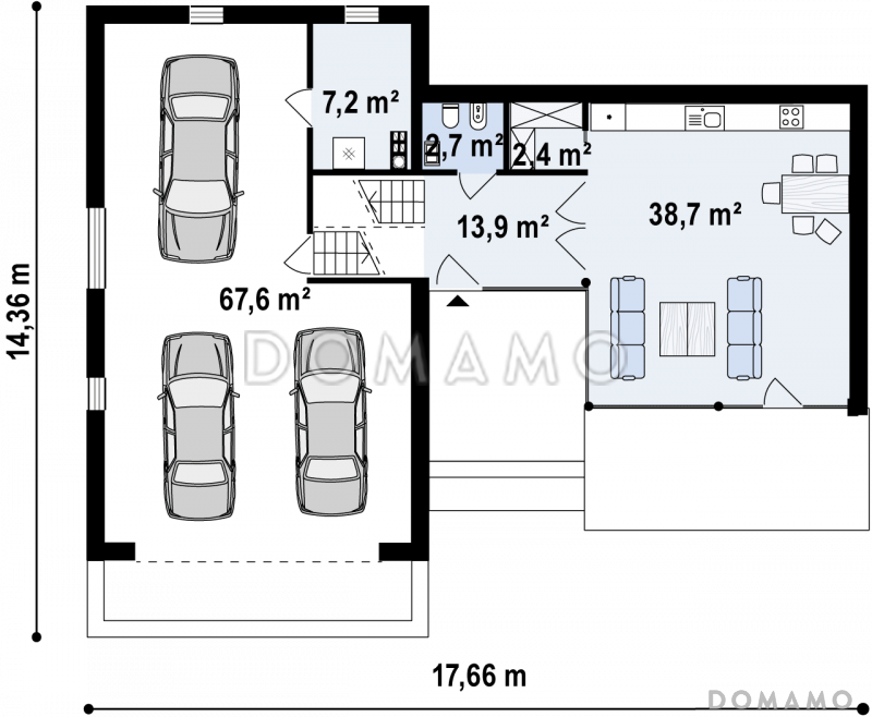 Проект современного двухэтажного дома из кирпича с плоской крышей, с двумя спальнями и подземным гаражом / План 1 этажа