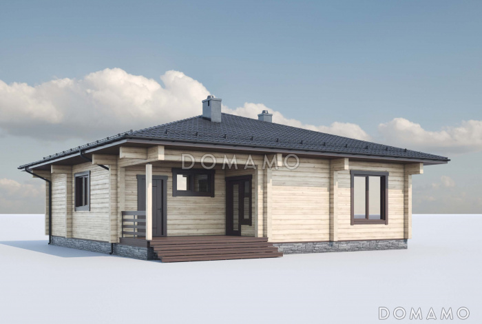 Проект одноэтажного дома из бруса с тремя спальнями и террасой