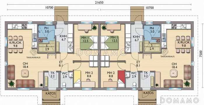 Проект каркасного дома для двух семей / План 1 этажа