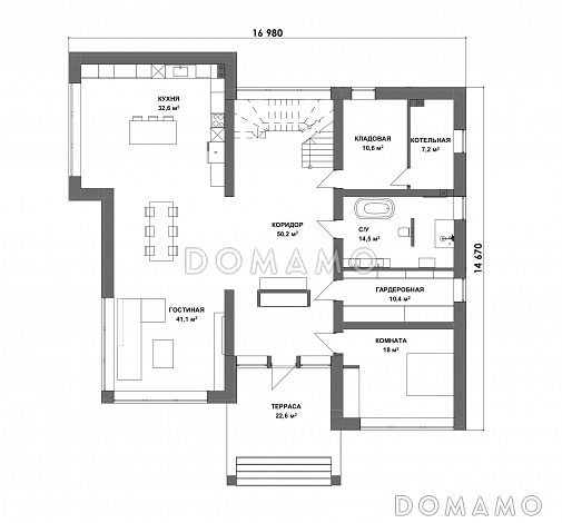 Проект современного двухэтажного дома с балконом, вторым светом и мастер-спальней / План 1 этажа
