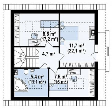 Проект одноэтажного мансардного дома из газобетона с балконом, тремя спальнями и кабинетом / План мансардного этажа