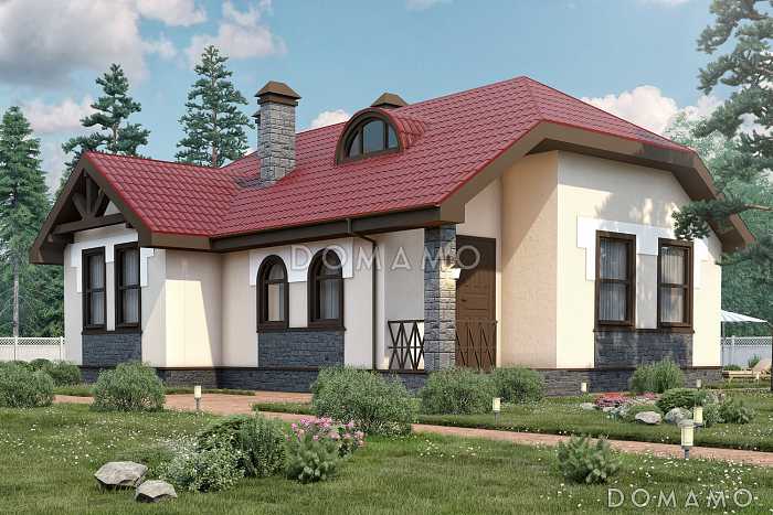 Проект кирпичного дома с изолированной кухней, двумя спальнями и небольшой гостиной