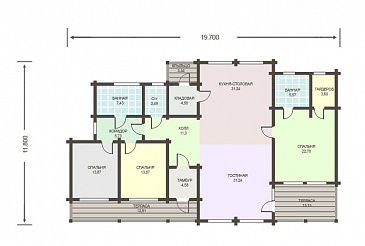 Проект каркасного дома с панорамным остеклением с тремя спальнями / План 1 этажа