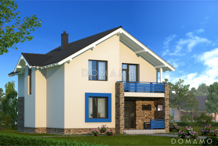 Проект лаконичного коттеджа с массивной каменной стеной крыльца