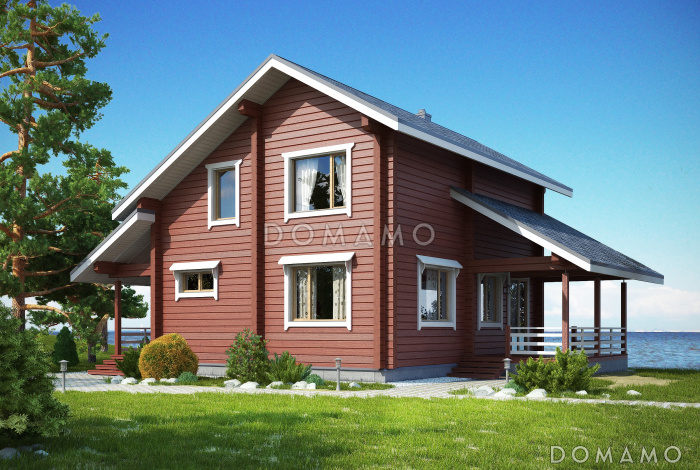 Проект современного дома из бруса в насыщенно-вишневом цвете с крытой террасой