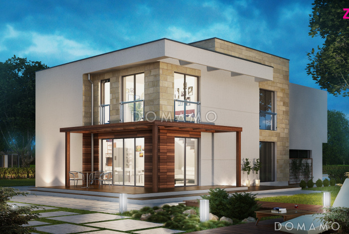 Проект двухэтажного дома из газобетона в стиле модерн, с четырьмя спальнями, кабинетом и гаражом