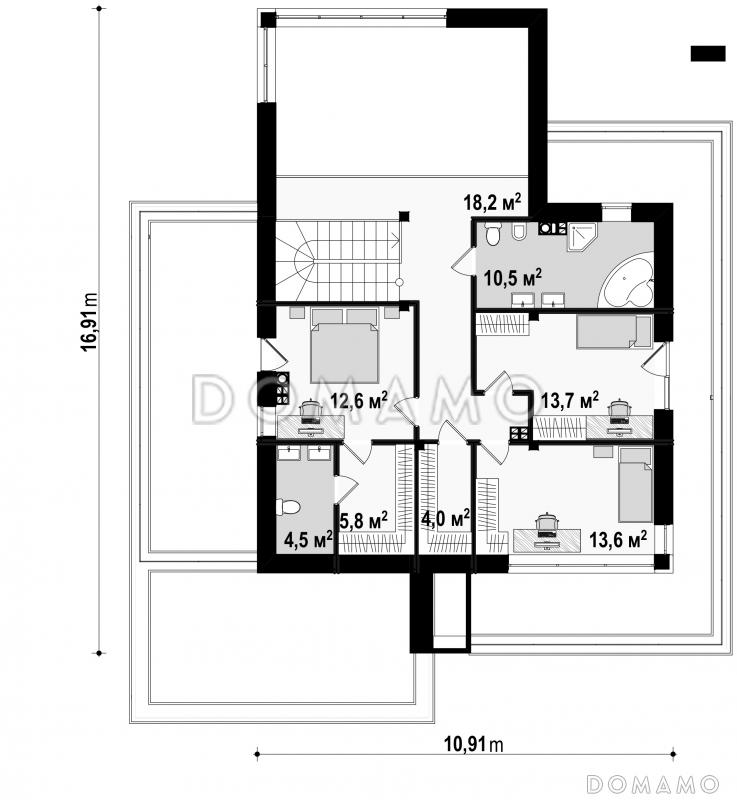 Проект большого современного двухэтажного дома из кирпича с большой площадью остекления, гаражом и просторными террасами на обоих уровнях / План 2 этажа
