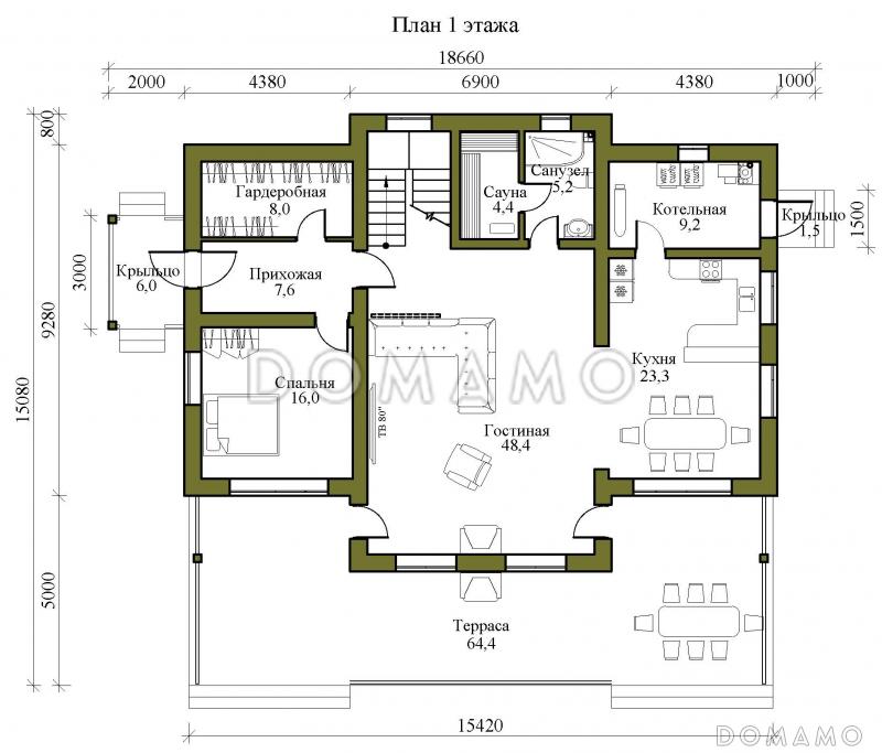 Проект двухэтажного каркасного дома с просторной террасой, сауной и пятью спальнями / План 1 этажа