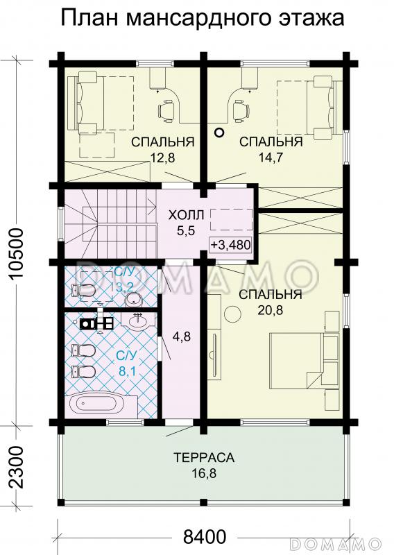 Проект дома из бруса в скандинавском стиле / План мансардного этажа