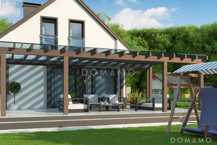 Проект компактного одноэтажного мансардного дома из газобетона с дополнительной спальней на первом этаже и большой крытой террасой