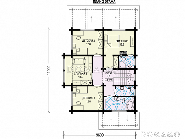 Проект двухэтажного дома с террасой, кладовой, двумя детскими спальнями / План 2 этажа