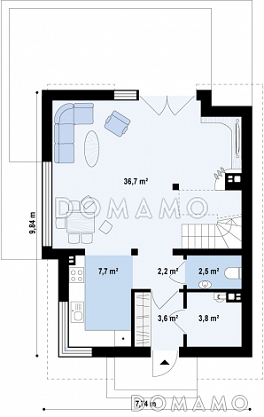 Проект компактного одноэтажного мансардного дома из кирпича с просторной светлой гостиной / План 1 этажа