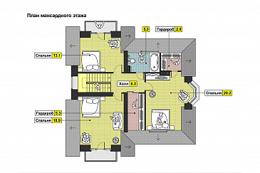 Проект дома одноэтажного дома из СИП панелей с мансардным этажом, эркером, балконами в спальне / План мансардного этажа