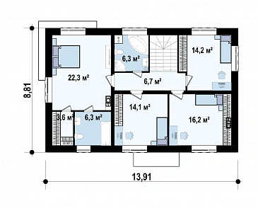 Проект двухэтажного дома из газобетона с пятью спальнями и кабинетом / План 2 этажа