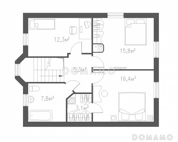 Проект практичного коттеджа из кирпича / План мансардного этажа