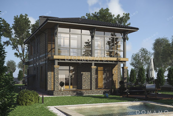 Проект двухэтажного дома с террасой, гаражом на два автомобиля и подвалом