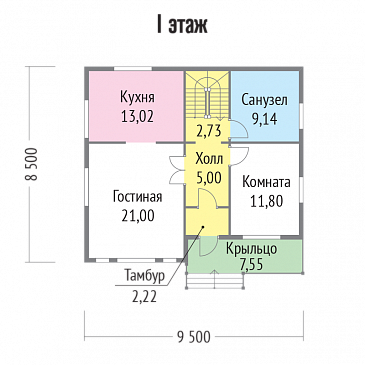 Проект каркасного дома с просторными комнатами / План 1 этажа