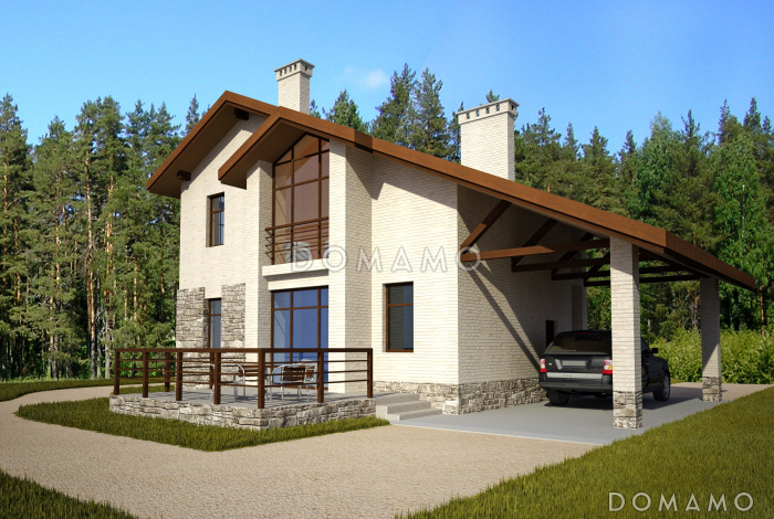 Проект загородного дома с открытой террасой и навесом для автомобиля, панорамными окнами