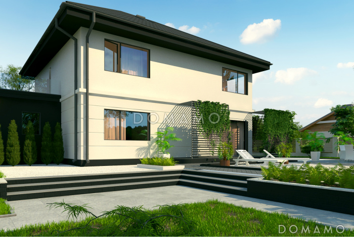 Проект двухэтажного дома с кладовой в кухне, гаражом, мастер-спальней на мансарде с террасой