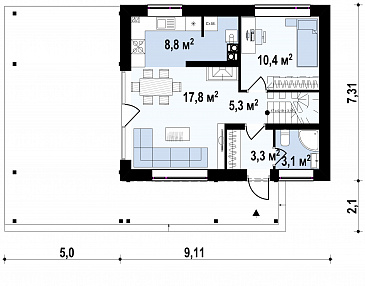 Проект компактного одноэтажного мансардного дома из кирпича с дополнительной спальней на первом этаже и большой крытой террасой / План 1 этажа