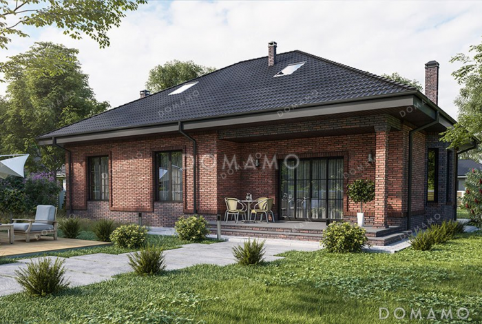 Проект одноэтажного дома с мансардой, большой гостиной и террасой