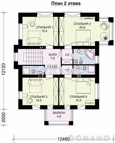 Проект кирпичного дома с французскими балконами / План 2 этажа