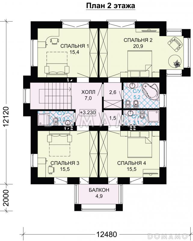 Проект кирпичного дома с французскими балконами / План 2 этажа