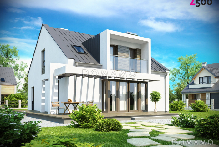 Проект просторного современного одноэтажного дома из газобетона  с мансардой, с двумя балконами в кровле и встроенным гаражом 