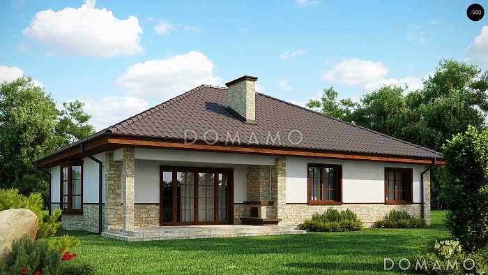 Проект загородного дома с тремя спальнями, кладовой с кухней, просторной гостиной