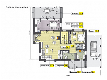 Проект загородного дома с навесом на одну машину, крытой террасой, большой гостиной, вытянутой кухней, французским балконом / План 1 этажа